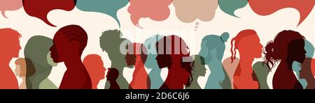 Crowd.Silhouette heads faces to the side of group of international people talking.Diversity people.Speech bubble. Communication. Communicate on social Stock Vector