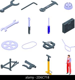 Bicycle repair icons set, isometric style Stock Vector