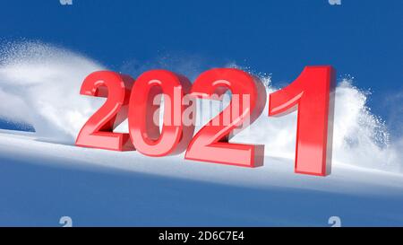 New Year red 2021 on a winter snow background, 3D illustration Stock Photo