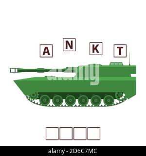 Game words puzzle military tank . Education developing child. Stock Vector