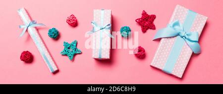 Top view Banner of Christmas decorations on pink background. New Year holiday concept with copy space. Stock Photo