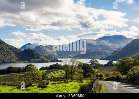 View south to Ullswater from A5091 road in Lake District National Park. Dockray, Cumbria, England, UK, Britain Stock Photo