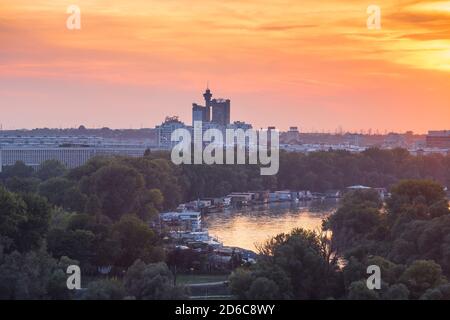 Serbia, Belgrade, View of the confluence of the Sava and Danube rivers with Genex tower in distance Stock Photo