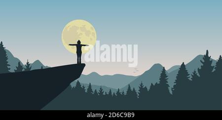 lonely girl on a cliff looks to the full moon at nature landscape vector illustration EPS10 Stock Vector