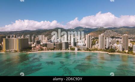 Aerial WAIKIKI BWACH HONOLULU OAHU HAWAII Stock Photo