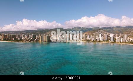 Aerial WAIKIKI BWACH HONOLULU OAHU HAWAII Stock Photo