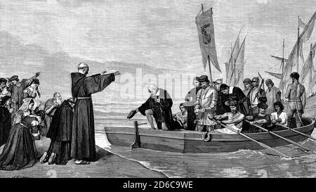 Departure of Christopher Columbus from the port of Palos, Spain, for the discovery of America. August 3rd. 1492, Antique illustration. 1875. Stock Photo
