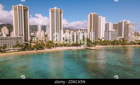 Aerial WAIKIKI BWACH HONOLULU OAHU HAWAII Stock Photo