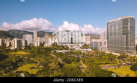 Aerial WAIKIKI BWACH HONOLULU OAHU HAWAII Stock Photo