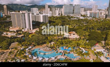 Aerial WAIKIKI BWACH HONOLULU OAHU HAWAII Stock Photo