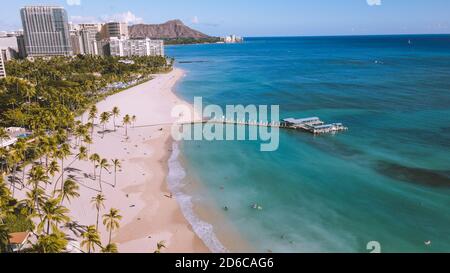 Aerial WAIKIKI BWACH HONOLULU OAHU HAWAII Stock Photo