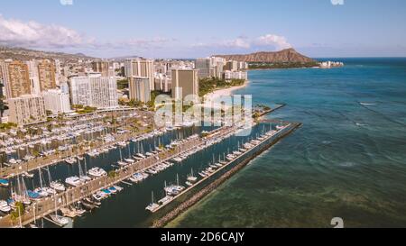 Aerial WAIKIKI BWACH HONOLULU OAHU HAWAII Stock Photo