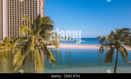 Aerial WAIKIKI BWACH HONOLULU OAHU HAWAII Stock Photo