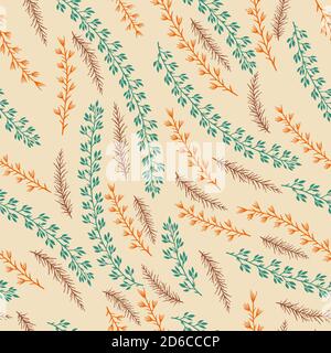 Vector seamless pattern with hand drawn floral elements. In green, orange and brown colors. Stock Vector