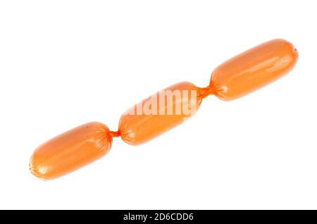 Meat sausages in polyamide casing isolated on white background. Studio Photo Stock Photo