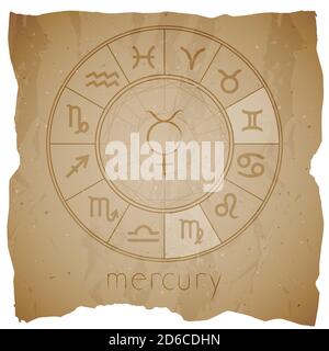 Vector illustration with Hand drawn astrological planet symbol URANUS on a grunge old background with torn edge. Sepia. Stock Vector