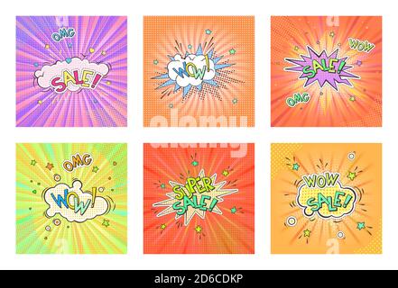 Set of six pop art backgrounds in retro comic style. Speech bubble with text SALE, WOW, SUPER and sticker OMG. Vector illustrations. Stock Vector