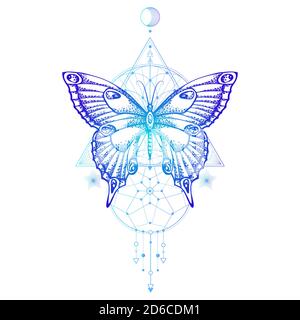 Vector illustration with hand drawn butterfly and Sacred geometric symbol on white background. Abstract mystic sign. Colored linear shape. For you des Stock Vector