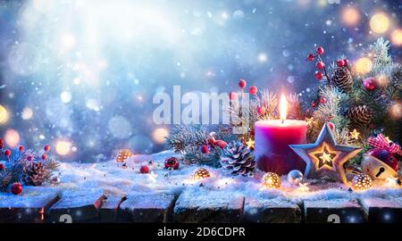 Advent - Christmas Decoration With Ornament And Fir Branches And Defocused Lights Stock Photo