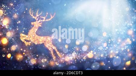 Christmas Card - Shiny Reindeer In Defocused Glittering Background - Contain 3d Illustrations Stock Photo