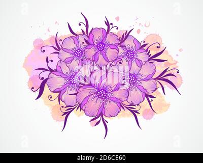 Vector illustration with hand drawn  flowers, leaves and branches with textured watercolor elements. In purple colors. Gradient used. Stock Vector