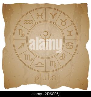 Vector illustration with Hand drawn astrological planet symbol PLUTO on a grunge old background with torn edge. Sepia. Stock Vector