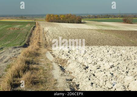 A long dirt road through a hilly field Stock Photo