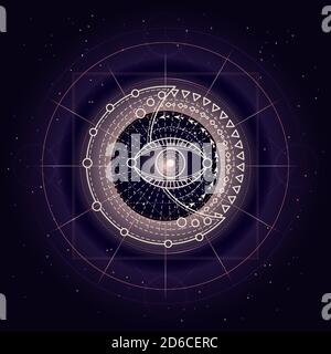 Vector illustration of Sacred or mystic symbol on abstract background. Geometric sign drawn in lines. Golden and purple color. For you design and magi Stock Vector