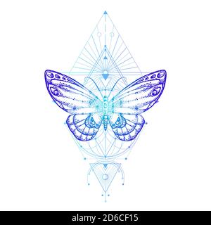 Vector illustration with hand drawn butterfly and Sacred geometric symbol on white background. Abstract mystic sign. Colored linear shape. For you des Stock Vector
