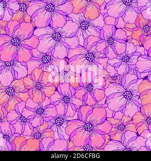 Vector seamless pattern with hand drawn flowers. In pink and violet colors. Stock Vector