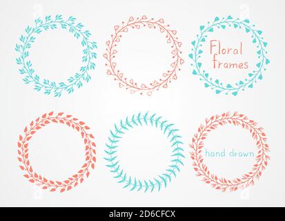 Vector set of floral hand drawn round frames. In red and green colors. Stock Vector