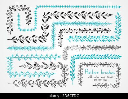 Vector set of floral hand drawn pattern brushes with outer and inner corner tiles. Brushes are included in EPS. Stock Vector