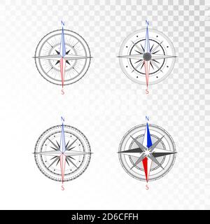 Vector set of vintage compasses or marine wind roses. Collection in line art style. Isolated on transparent background. Black line with the marked col Stock Vector