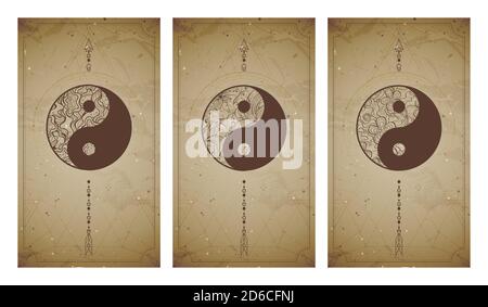 Vector set of three yin yang signs on vintage backgrounds with geometric shape and frames. Symbols with floral elements. In sepia colors. For you desi Stock Vector