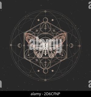 Vector illustration with hand drawn butterfly and Sacred geometric symbol on black vintage background. Abstract mystic sign. Gold linear shape. For yo Stock Vector