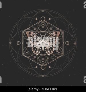 Vector illustration with hand drawn butterfly and Sacred geometric symbol on black vintage background. Abstract mystic sign. Gold linear shape. For yo Stock Vector