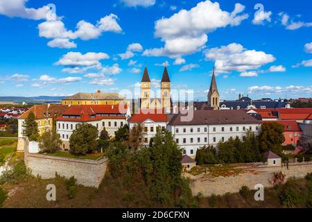 Veszprem city castle aera in aerial photo. Amazing city part with historical old houses, church and much more. The most beautiful part of this city. Stock Photo