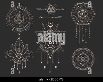 Vector set of Sacred geometric symbols and figures on black background. Gold abstract mystic signs collection drawn in lines. For you design: tattoo, Stock Vector