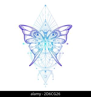 Vector illustration with hand drawn butterfly and Sacred geometric symbol on white background. Abstract mystic sign. Colored linear shape. For you des Stock Vector