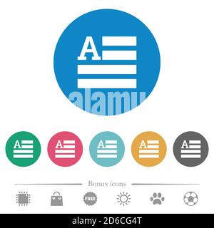 Text initials flat white icons on round color backgrounds. 6 bonus icons included. Stock Vector