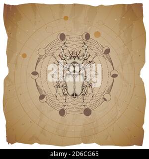 Vector illustration with hand drawn Stag beetle and Sacred geometric symbol on old paper background with torn edges. Abstract mystic sign. Sepia linea Stock Vector