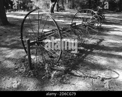 Horse drawn hay rake on display at Kleb Woods Nature Preserve Stock Photo