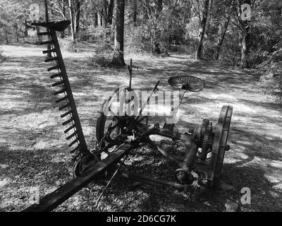 Horse drawn mower on display at Kleb Woods Nature Preserve Stock Photo