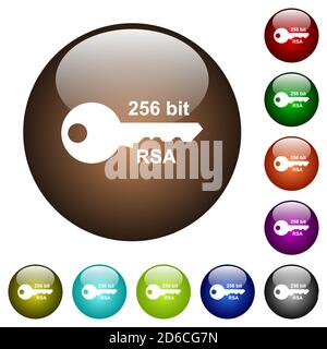 256 bit rsa encryption white icons on round glass buttons in multiple colors Stock Vector