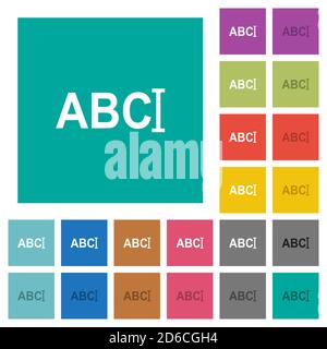 Typing text with cursor multi colored flat icons on plain square backgrounds. Included white and darker icon variations for hover or active effects. Stock Vector