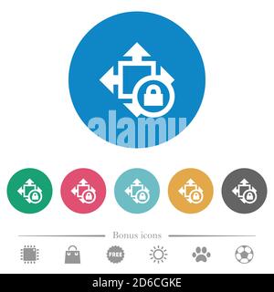 Size lock flat white icons on round color backgrounds. 6 bonus icons included. Stock Vector