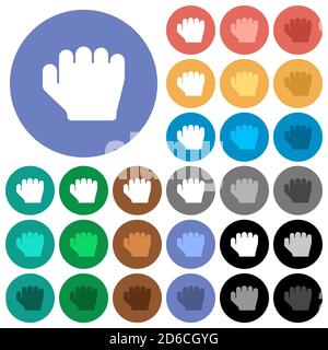 Right handed grab gesture multi colored flat icons on round backgrounds. Included white, light and dark icon variations for hover and active status ef Stock Vector