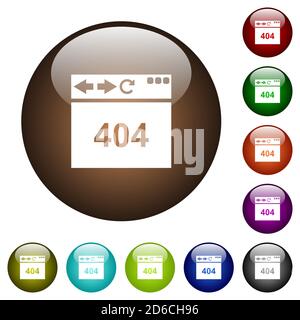 Browser 404 page not found white icons on round glass buttons in multiple colors Stock Vector