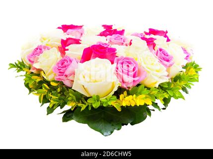 Beautiful ornamental wreath in the shape of heart made of natural multicolored roses isolated on white Stock Photo