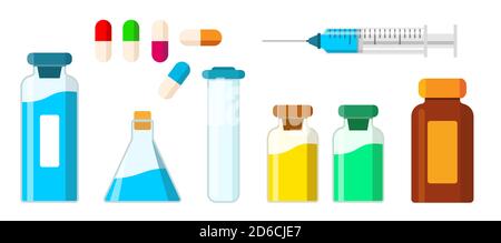 Collection of isolated medical items. A syringe with an injection and needle, pharmacology liquid, an Empty beaker, Capsule pill, glass bottle, Test tube. isolated vector illustration in flat style Stock Vector